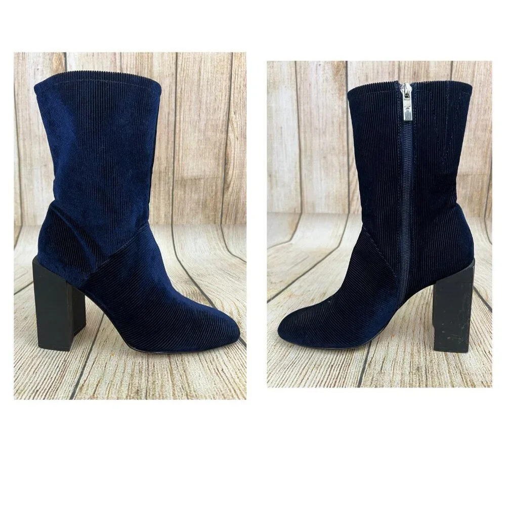H By Halston Kandi Navy Blue Velvet Corduroy 7.5M Mid Calf Block Heel Y2K‎